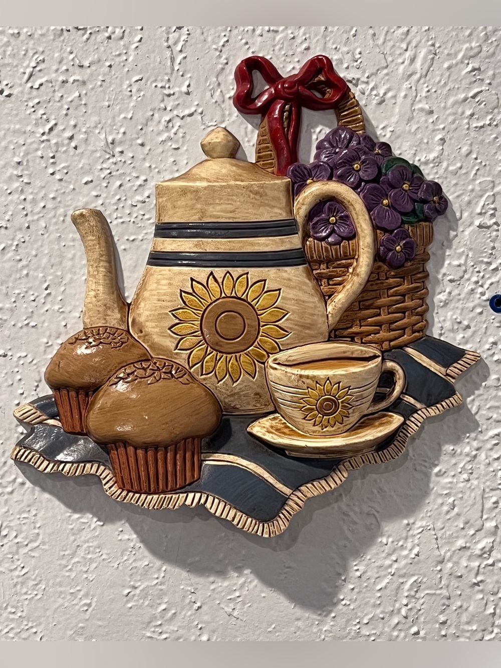 Vintage 1976 Kitchen Wall Plaque Coffee Pot Muffins Violets USA Decor MCM